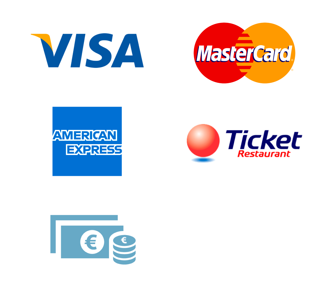 Différents modes de paiements : Visa, Mastercard, American Express Ticket restaurant, Espèce